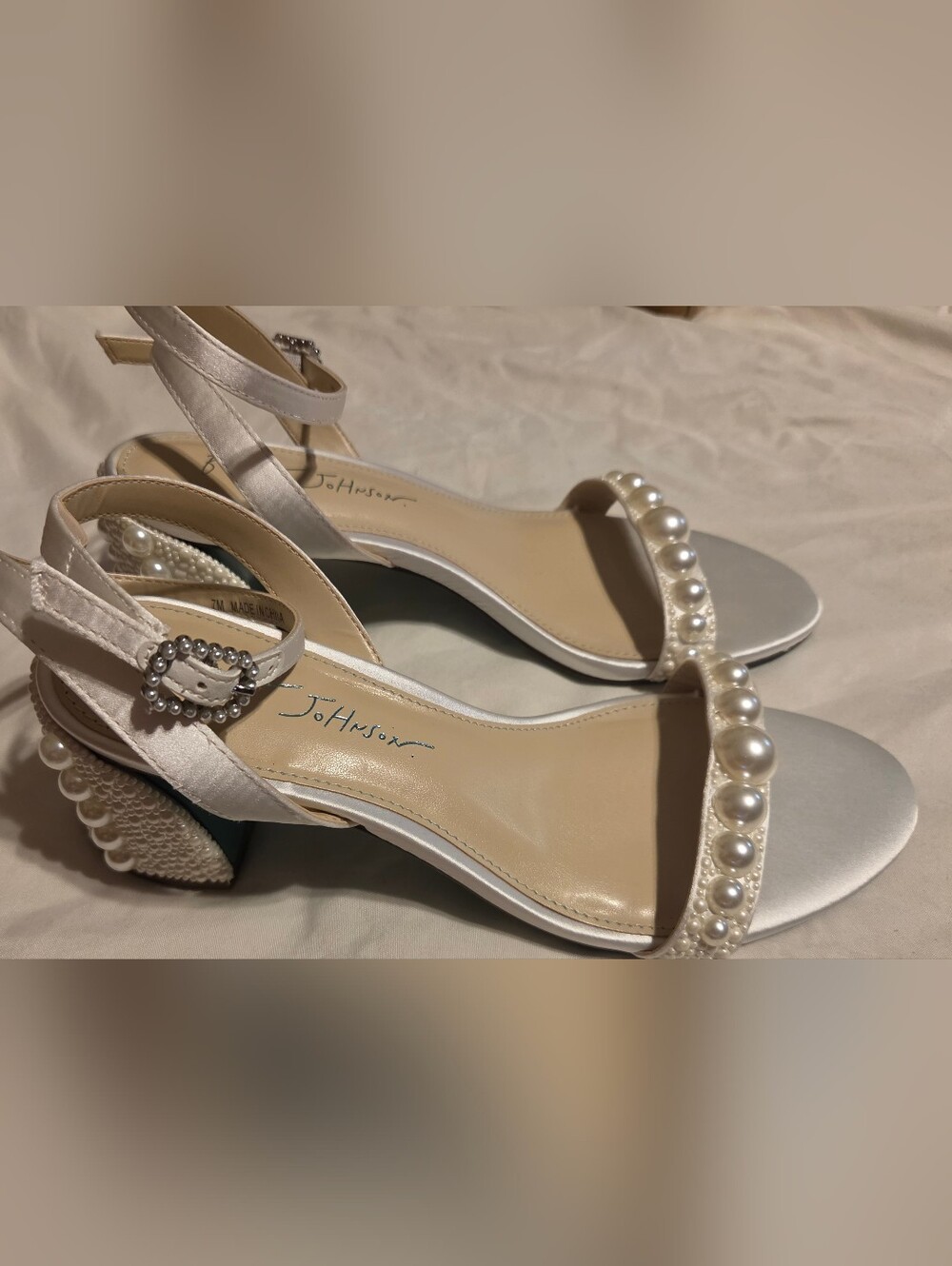 Bestsy Johson Pearl-Embellished Satin Block Heel Sandals - Silver, 7 Euc